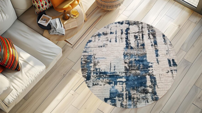 Turkish Abstract Round Rug – Blue & White Artistic Design