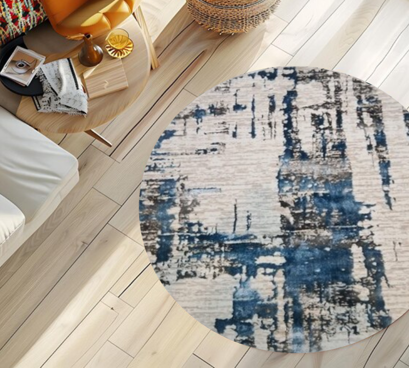 Turkish Abstract Round Rug – Blue & White Artistic Design